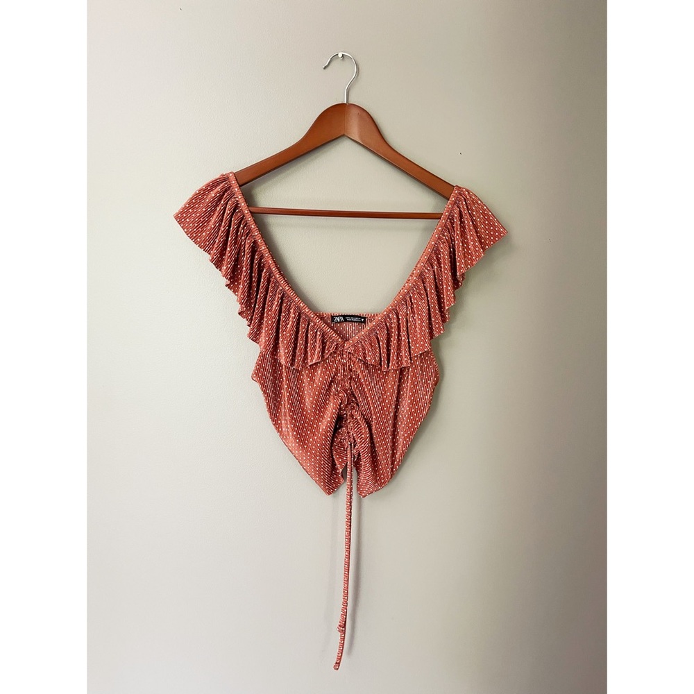 Zara Pleated Ruffle Crop Top Dot Print Blogger Summer Large - Picture 5 of 8